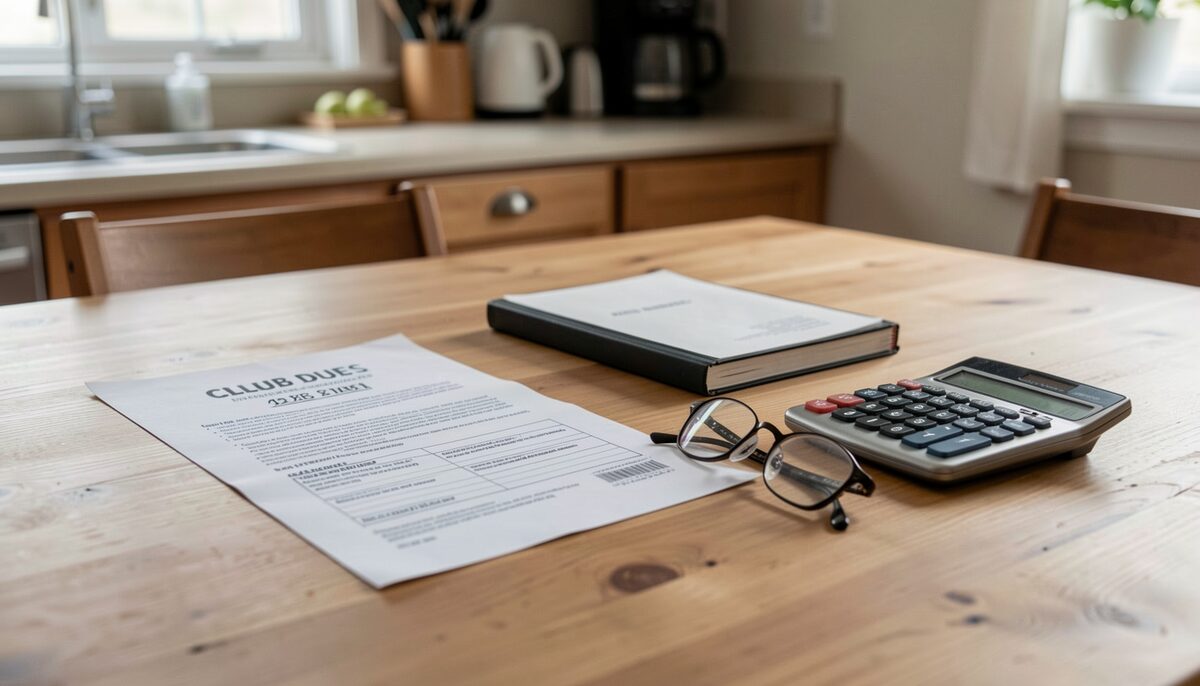 A dues notice, a checkbook and a calculator on a kitchen table. Club membership runs on paperwork like this.