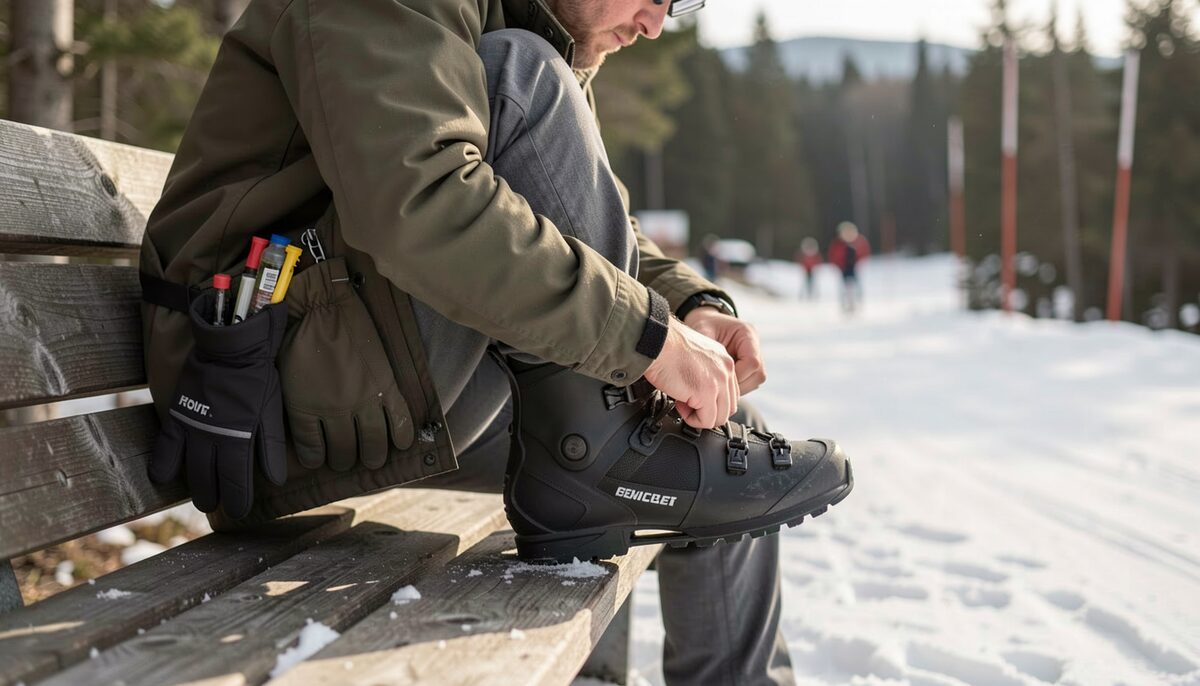 A skier tightening a boot at a trailside bench, gloves hanging from a pocket. Cold starts with small habits.