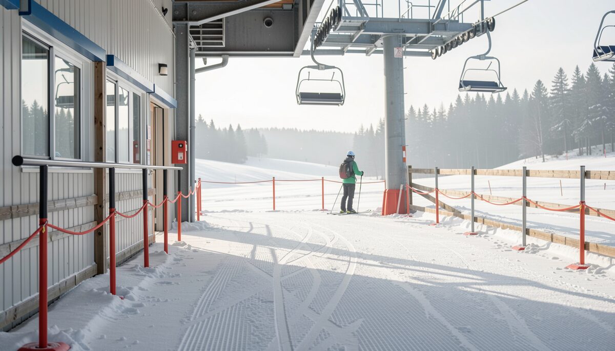An empty lift corral at opening time on groomed corduroy. Advance-ticket programs live and die by mornings like this.