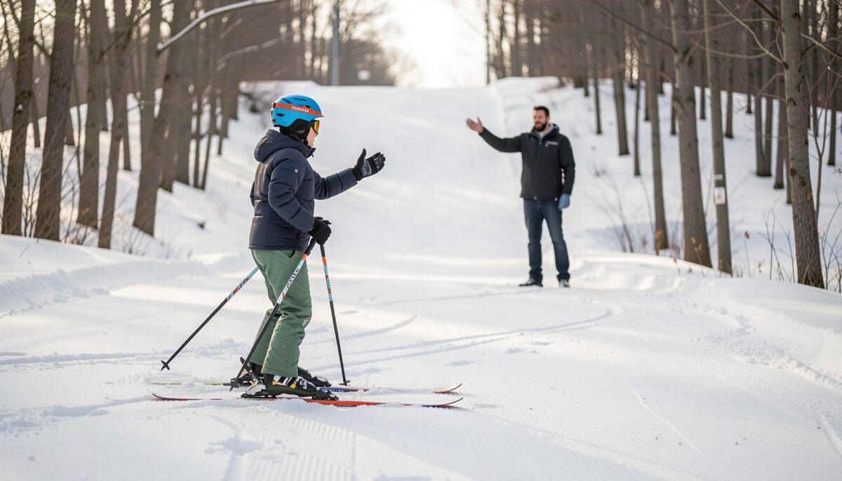 A beginner on the learning slope while an instructor points downhill. The next trail sign is the one that actually decides the day.