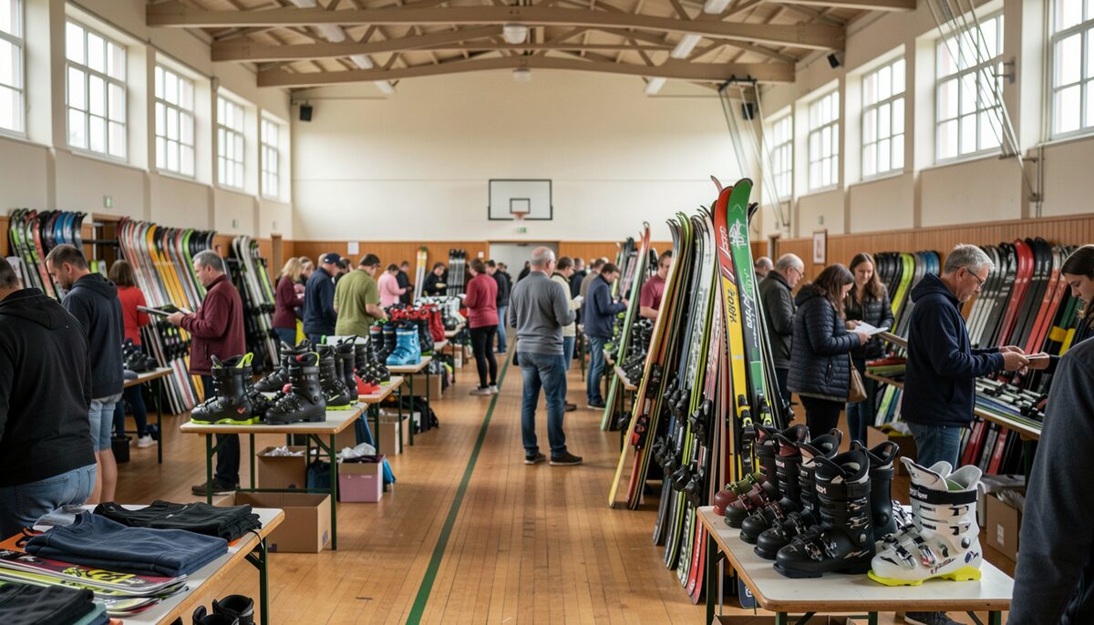 Tables of used skis and boots in a gymnasium hall. The annual ski swap is where first seasons get equipped.