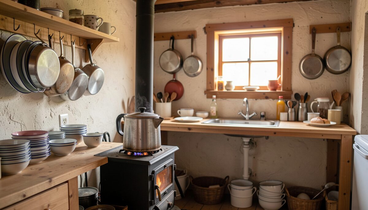 A lodge kitchen at breakfast, coffee pot on the wood stove. Shared lodges keep club trips affordable.