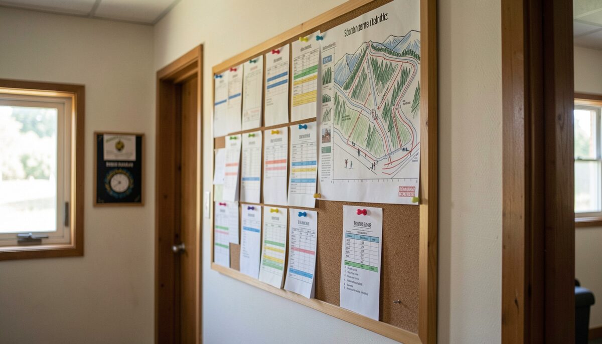 A clubhouse noticeboard with paper schedules and a hand-drawn trail map. Member clubs run on bulletin boards.