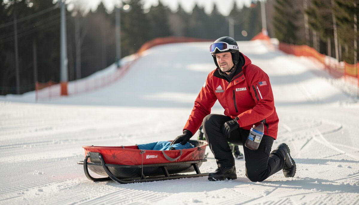 A ski patroller in red kneeling beside a toboggan at the trail edge. Patrol is the club's least visible partner.