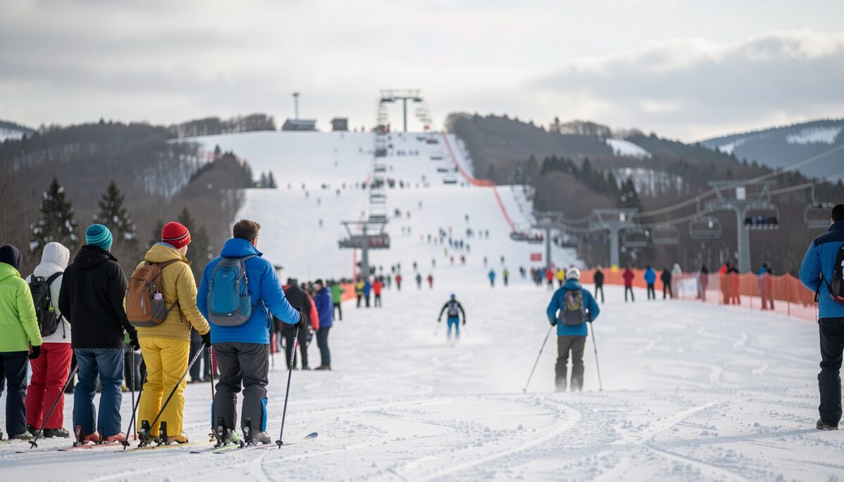 Two skiers waiting while a third passes below. The responsibility code is read in moments like this.